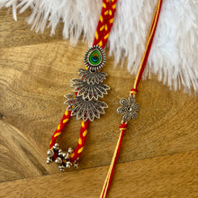 Load image into Gallery viewer, Delicate Oxidised Morpankh Mauili Lumba with Bhai Rakhi Pair
