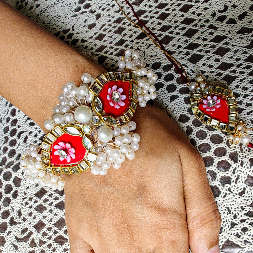 Gorgeous Pearl Embellished Adjustable Bracelet with Bhai Rakhi Pair