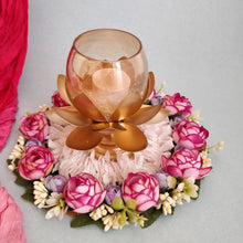 Load image into Gallery viewer, Gorgeous Floral Centre Table Rangoli with Metal Lotus Tea Light Holder
