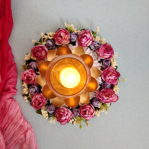 Gorgeous Floral Centre Table Rangoli with Metal Lotus Tea Light Holder