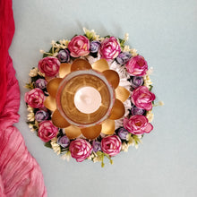Load image into Gallery viewer, Gorgeous Floral Centre Table Rangoli with Metal Lotus Tea Light Holder
