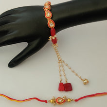 Load image into Gallery viewer, Red Meenakari Bracelet &amp; Bhai Rakhi Pair
