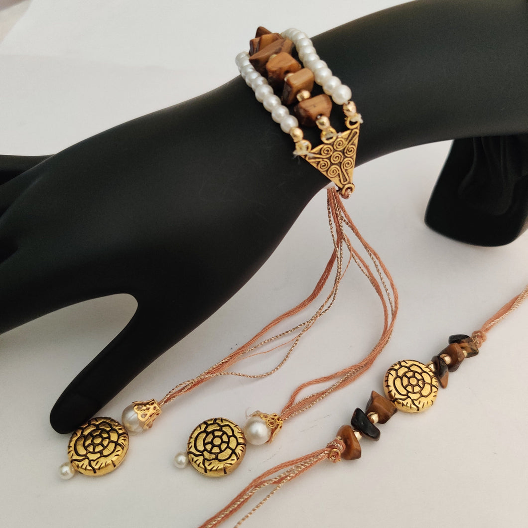 Bracelet and rakhi pair with semi-precious stone Tiger's Eye