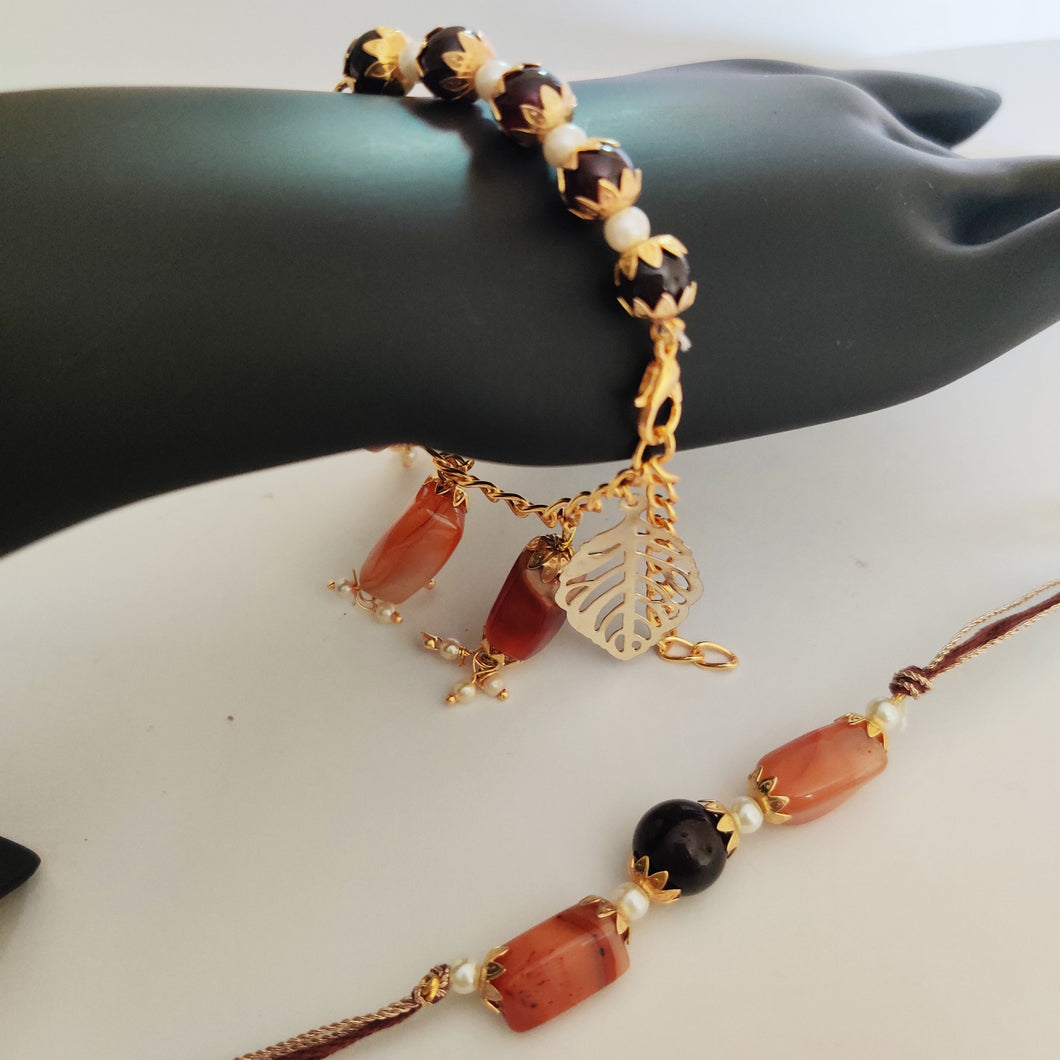 Bracelet and rakhi pair with semi-precious natural stone Garnet and Agate